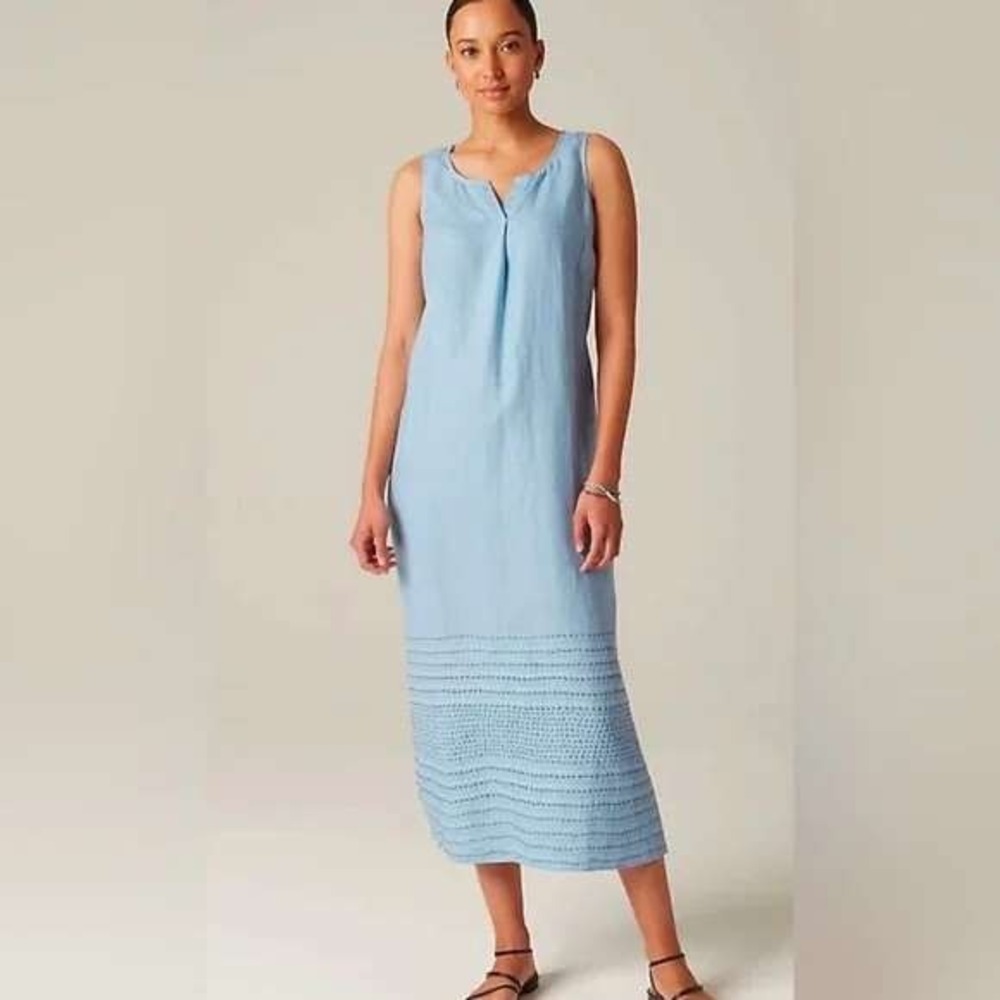 Pure Jill J.Jill Blue 100% Linen Sleeveless Notch Neck Embroidered Maxi‎ Dress S